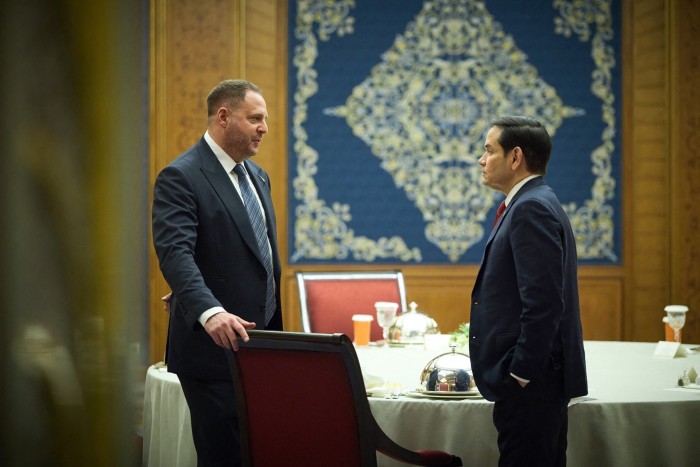 US secretary of state Marco Rubio, right, and Ukrainian head of Presidential Office Andriy Yermak at the talks in Jeddah, Saudi Arabia