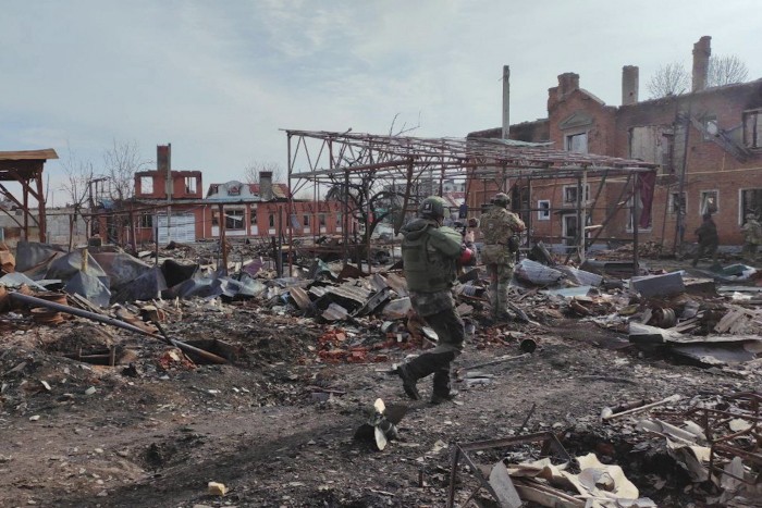 Destroyed buildings in the town of Sudzha in the Kursk region