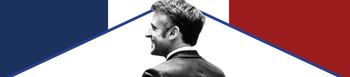 Montage of French flag and Emmanuel Macron