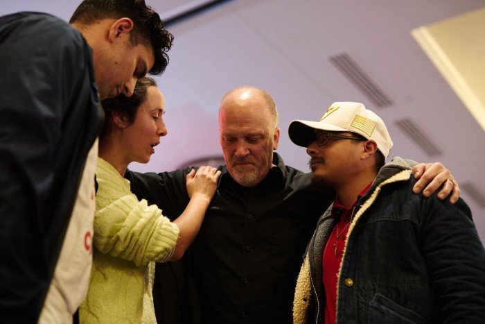 Circuit Court Judge Brad Schimel prays with voters after conceding during his election night party at the Milwaukee Marriott West on April 1, 2025 in Pewaukee, Wisconsin